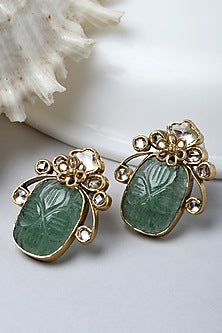 Gold Finish Carved Green Onyx Stud Earrings In Sterling Silver