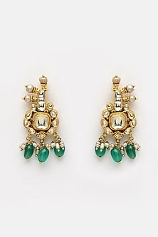 Gold Finish Green Onyx & Kundan Polki Stud Earrings In Sterling Silver