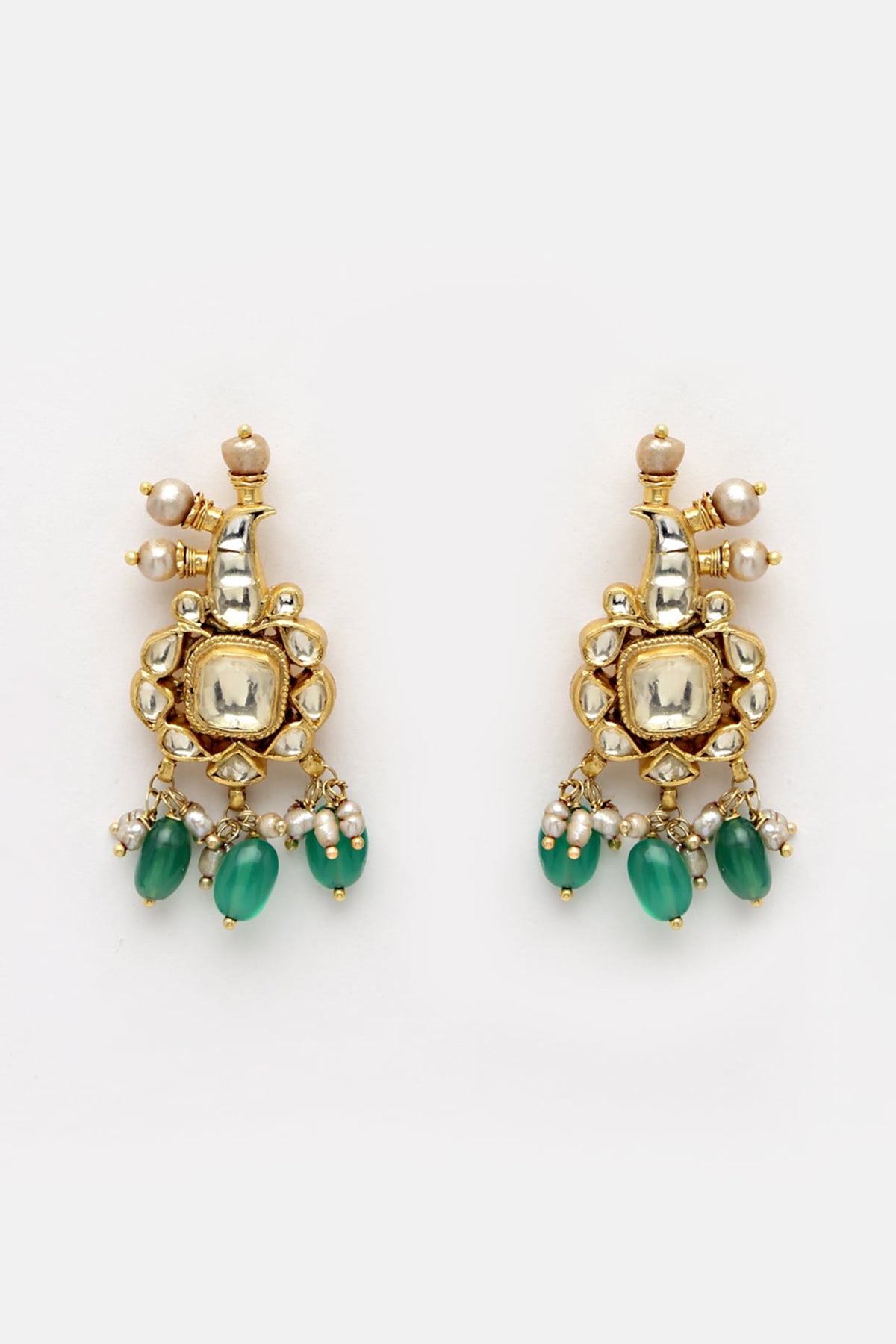 Gold Finish Green Onyx & Kundan Polki Stud Earrings In Sterling Silver