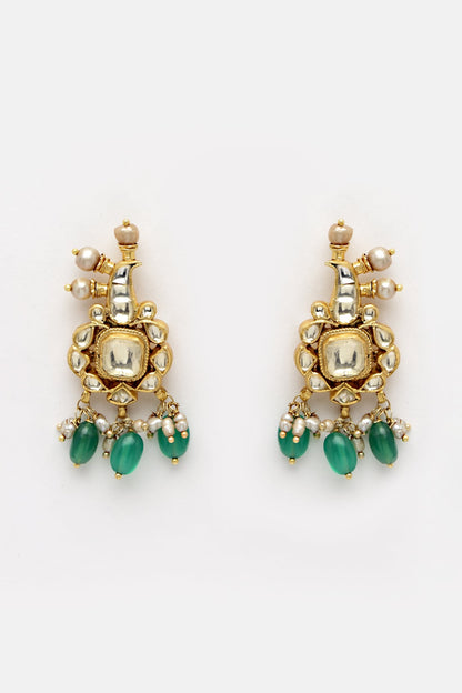 Gold Finish Green Onyx & Kundan Polki Stud Earrings In Sterling Silver