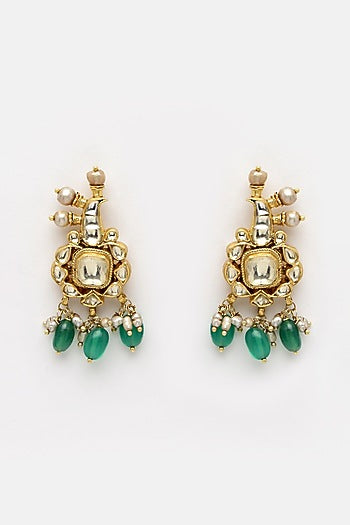 Gold Finish Green Onyx & Kundan Polki Stud Earrings In Sterling Silver