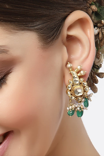 Gold Finish Green Onyx & Kundan Polki Stud Earrings In Sterling Silver