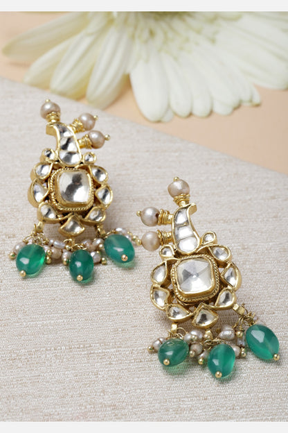 Gold Finish Green Onyx & Kundan Polki Stud Earrings In Sterling Silver