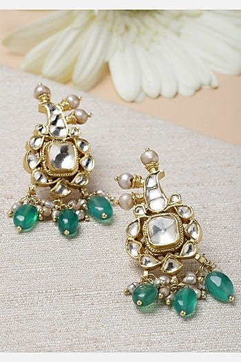 Gold Finish Green Onyx & Kundan Polki Stud Earrings In Sterling Silver