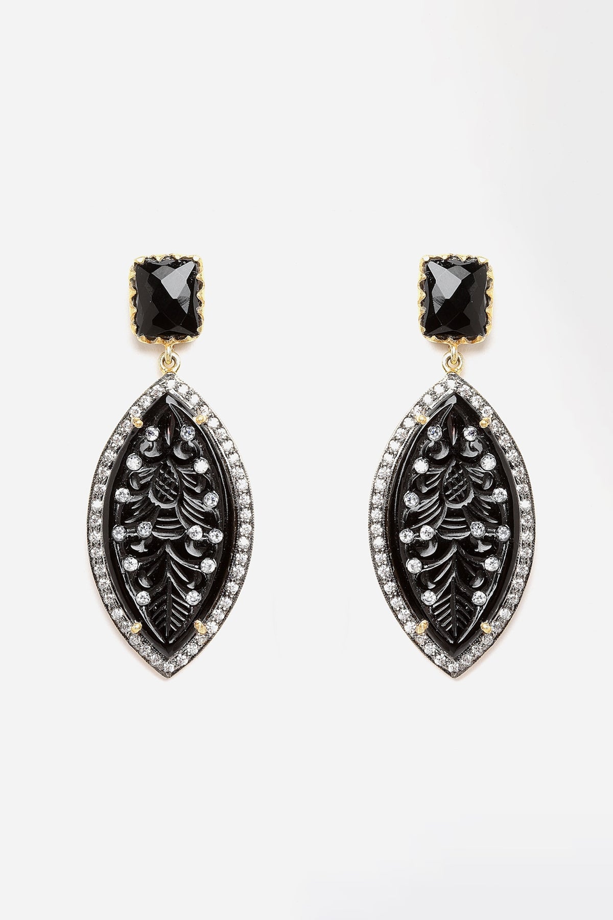 Gold Finish Carved Black Onyx Dangler Earrings In Sterling Silver
