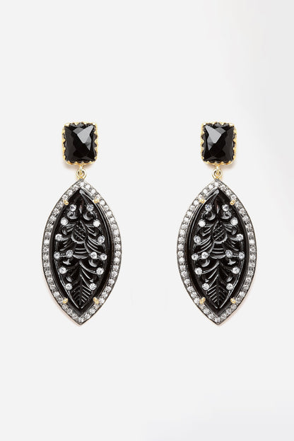 Gold Finish Carved Black Onyx Dangler Earrings In Sterling Silver