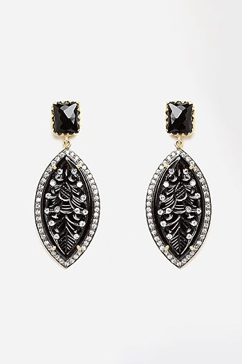 Gold Finish Carved Black Onyx Dangler Earrings In Sterling Silver