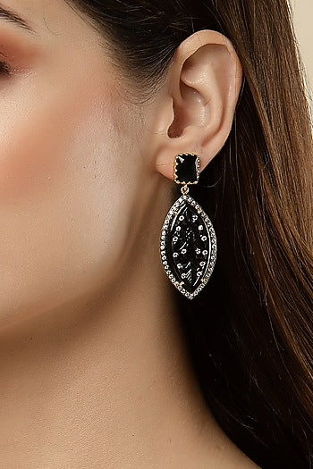 Gold Finish Carved Black Onyx Dangler Earrings In Sterling Silver