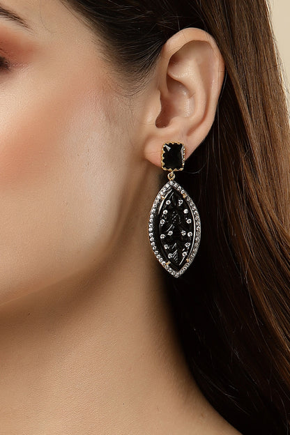 Gold Finish Carved Black Onyx Dangler Earrings In Sterling Silver