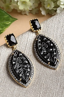 Gold Finish Carved Black Onyx Dangler Earrings In Sterling Silver