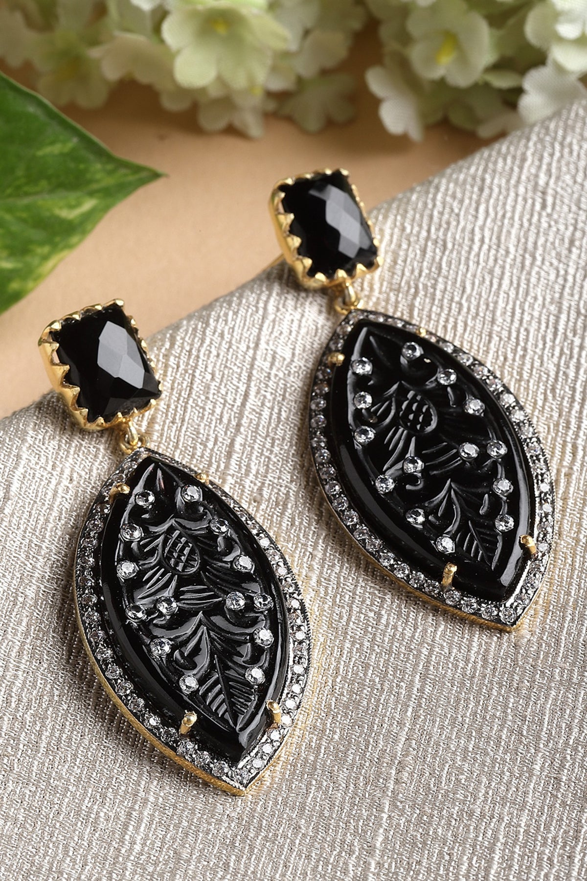 Gold Finish Carved Black Onyx Dangler Earrings In Sterling Silver