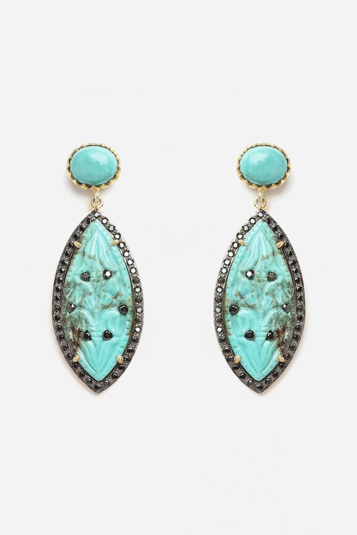 Gold Finish Carved Turquoise Stone Dangler Earrings In Sterling Silver