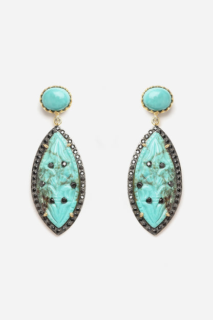 Gold Finish Carved Turquoise Stone Dangler Earrings In Sterling Silver