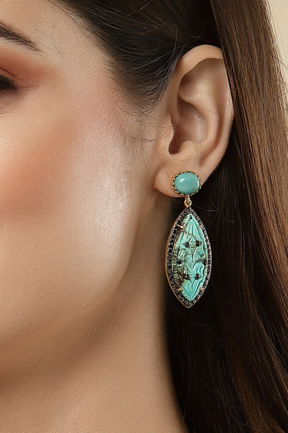 Gold Finish Carved Turquoise Stone Dangler Earrings In Sterling Silver