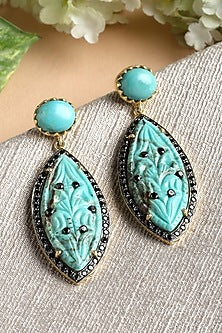 Gold Finish Carved Turquoise Stone Dangler Earrings In Sterling Silver