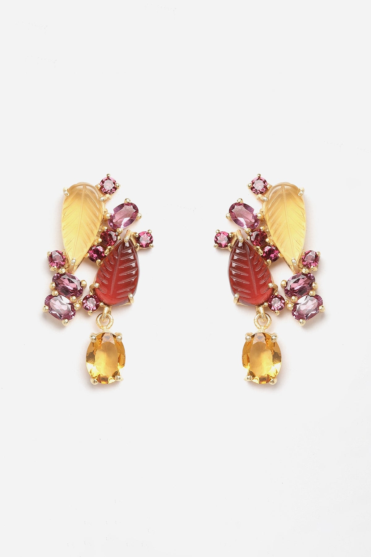 Gold Finish Carved Tourmaline Dangler Earrings In Sterling Silver
