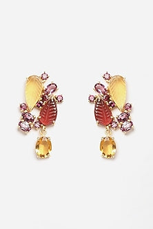 Gold Finish Carved Tourmaline Dangler Earrings In Sterling Silver
