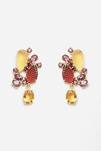 Gold Finish Carved Tourmaline Dangler Earrings In Sterling Silver