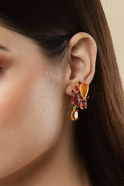 Gold Finish Carved Tourmaline Dangler Earrings In Sterling Silver