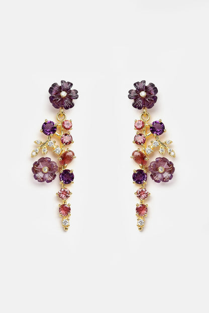 Gold Finish Amethyst Flowers Dangler Earrings In Sterling Silver
