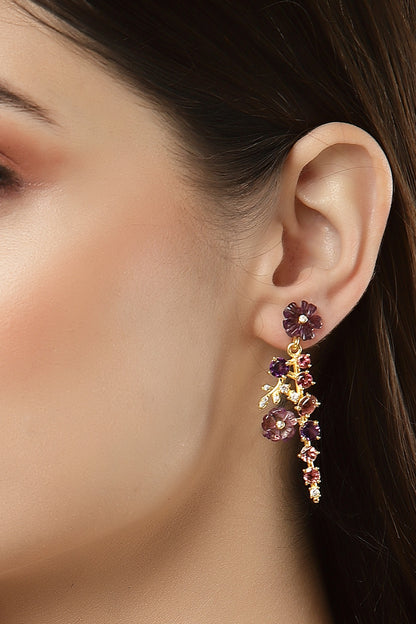 Gold Finish Amethyst Flowers Dangler Earrings In Sterling Silver