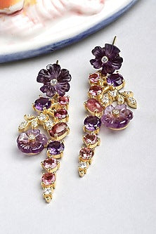 Gold Finish Amethyst Flowers Dangler Earrings In Sterling Silver