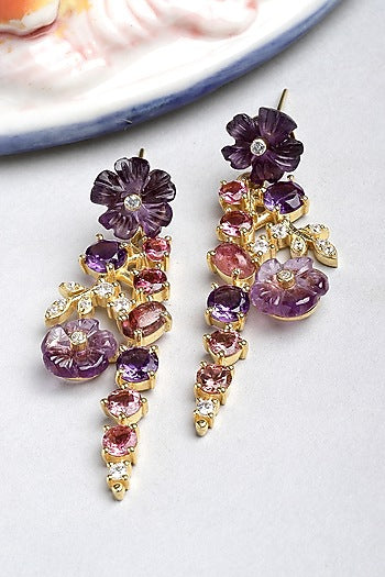 Gold Finish Amethyst Flowers Dangler Earrings In Sterling Silver