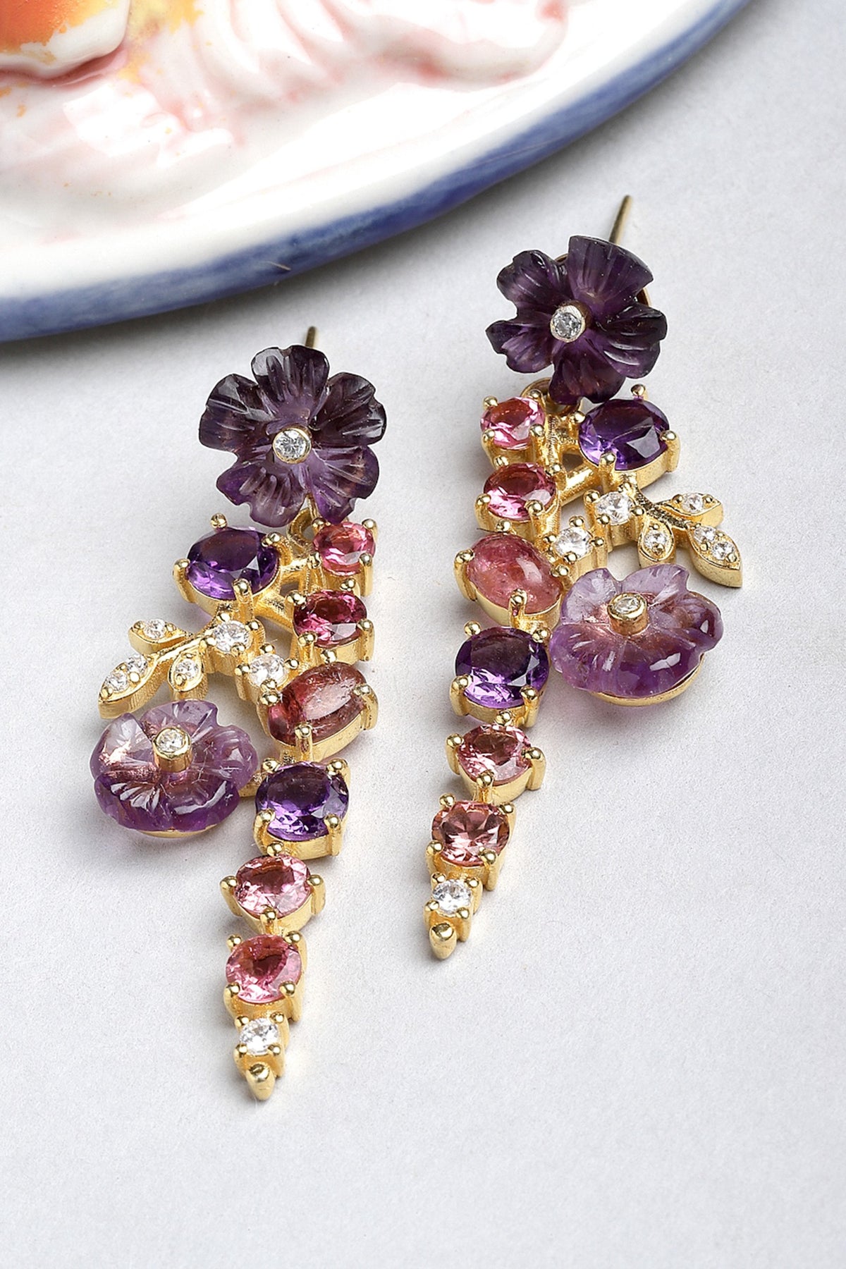 Gold Finish Amethyst Flowers Dangler Earrings In Sterling Silver