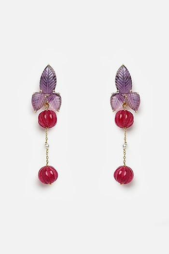 Gold Finish Carved Amethyst & Melon Ball Dangler Earrings In Sterling Silver