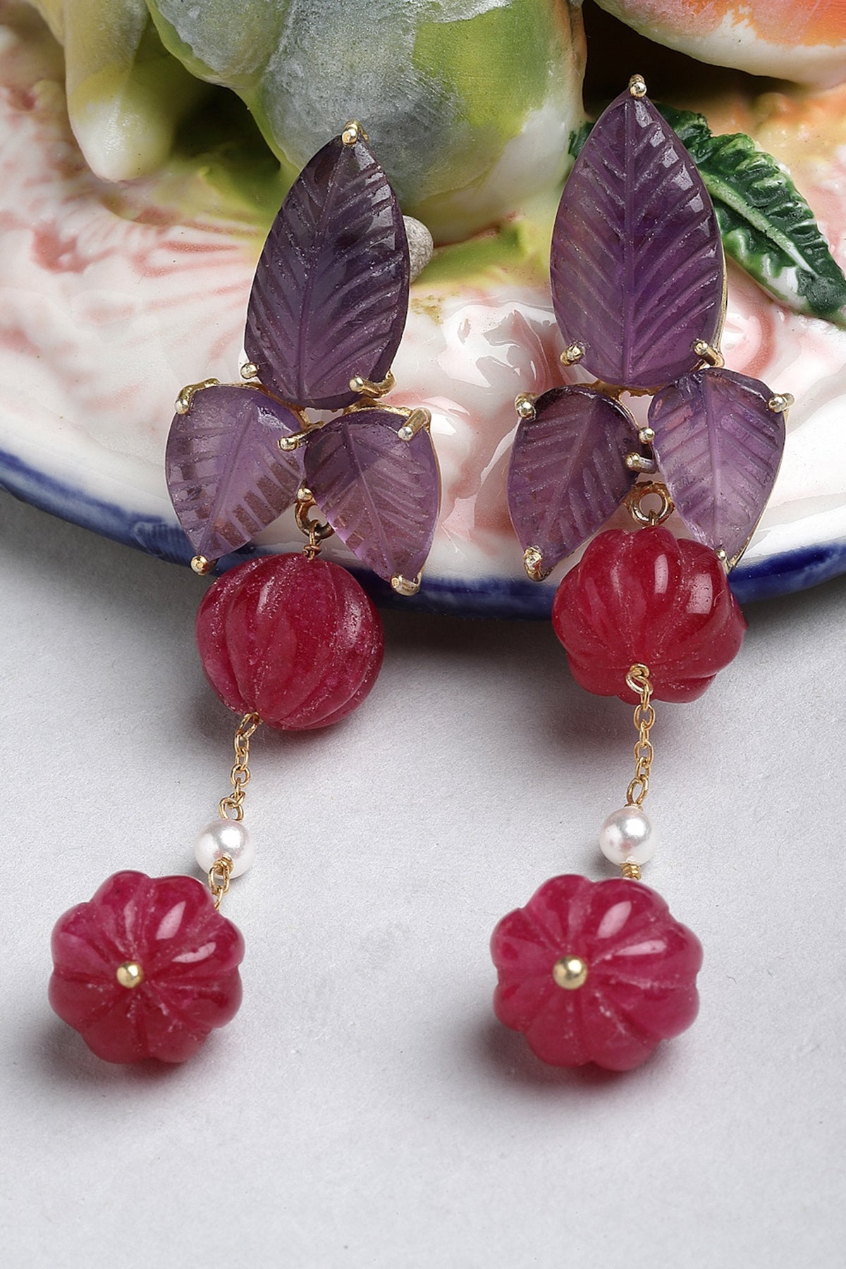 Gold Finish Carved Amethyst & Melon Ball Dangler Earrings In Sterling Silver