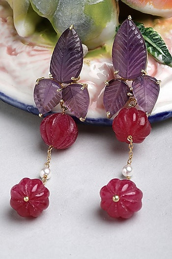 Gold Finish Carved Amethyst & Melon Ball Dangler Earrings In Sterling Silver