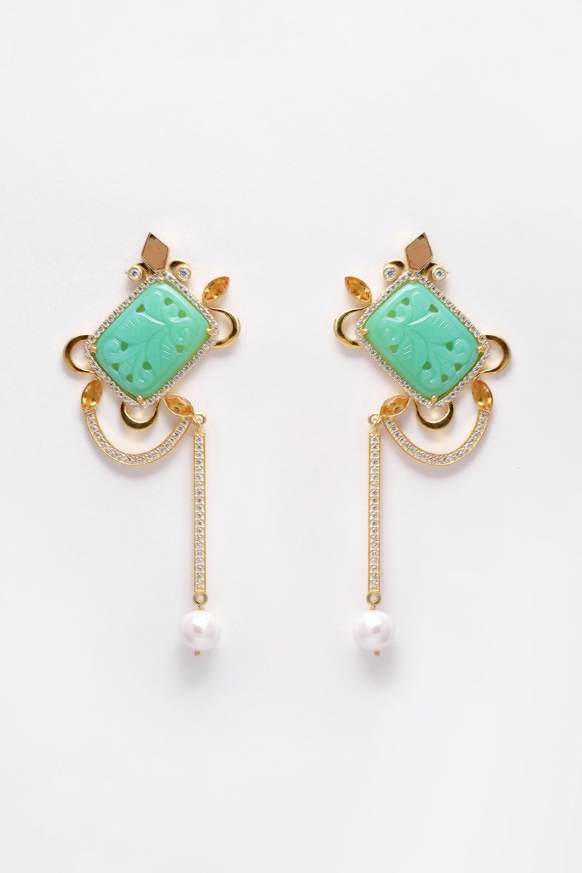 Gold Finish Carved Green Onyx Dangler Earrings In Sterling Silver