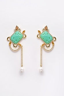 Gold Finish Carved Green Onyx Dangler Earrings In Sterling Silver