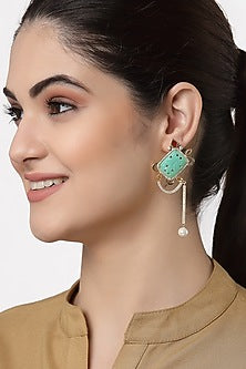 Gold Finish Carved Green Onyx Dangler Earrings In Sterling Silver