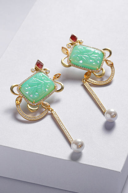 Gold Finish Carved Green Onyx Dangler Earrings In Sterling Silver