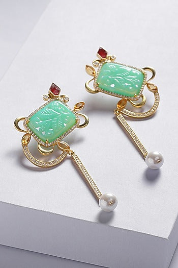 Gold Finish Carved Green Onyx Dangler Earrings In Sterling Silver
