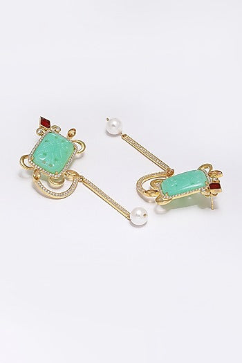 Gold Finish Carved Green Onyx Dangler Earrings In Sterling Silver