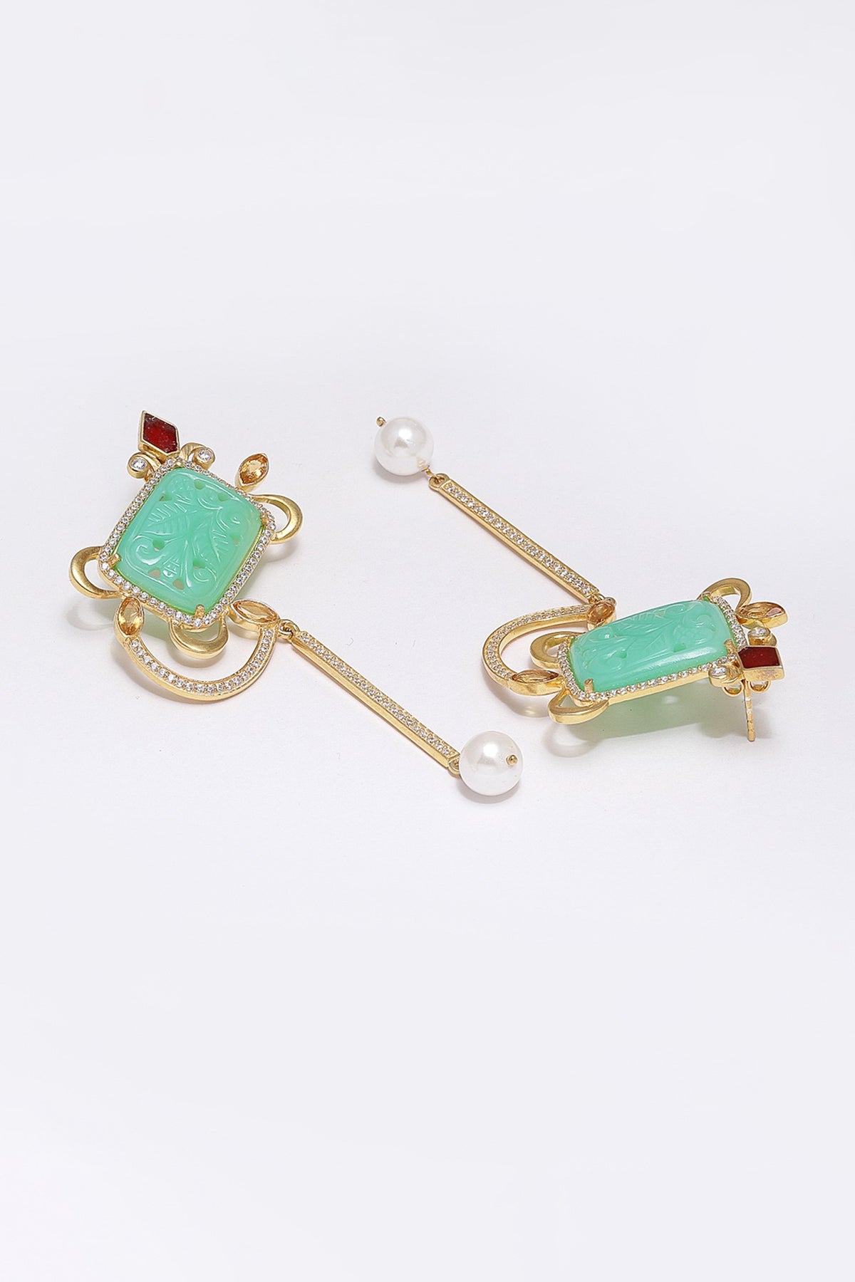 Gold Finish Carved Green Onyx Dangler Earrings In Sterling Silver