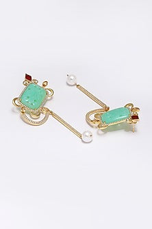 Gold Finish Carved Green Onyx Dangler Earrings In Sterling Silver