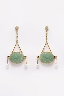 Gold Finish Green Onyx & Cubic Zirconia Dangler Earrings In Sterling Silver