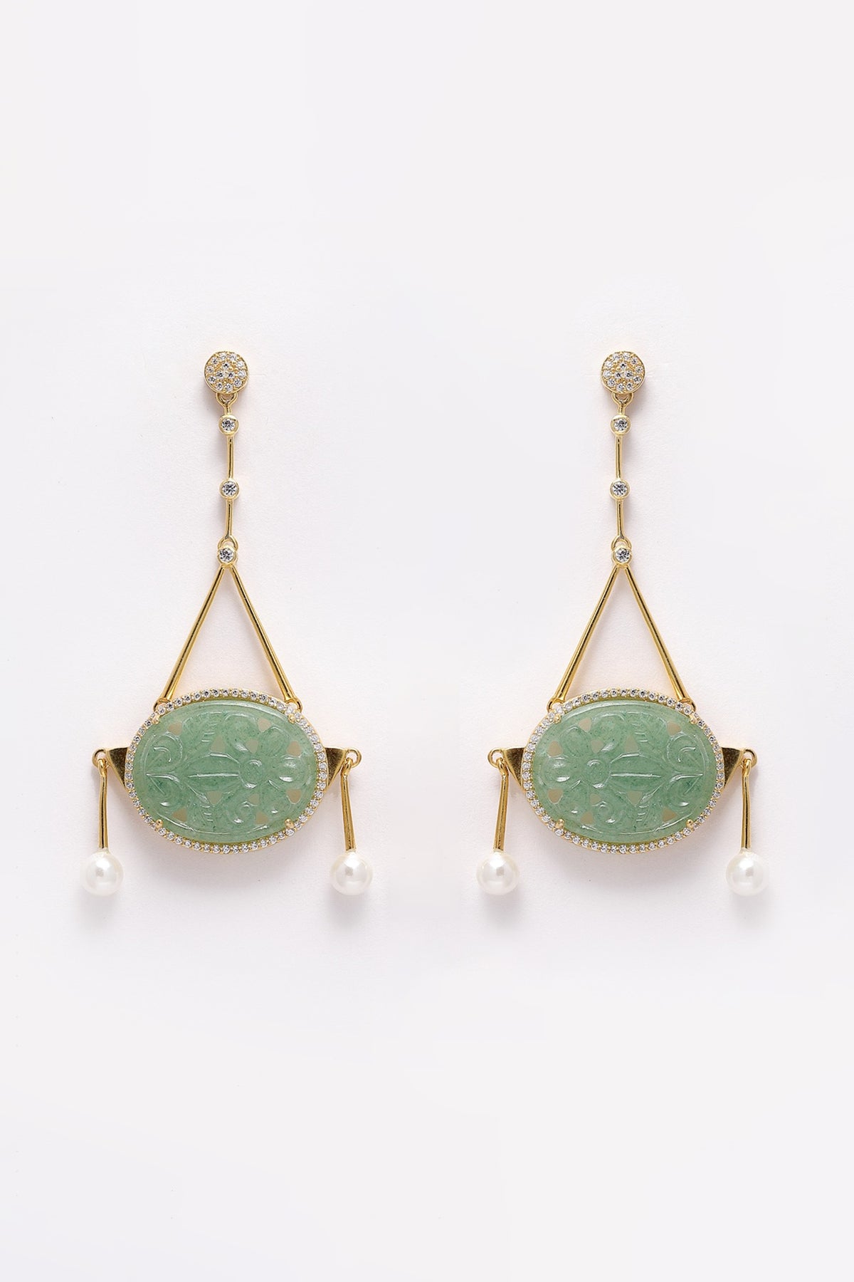 Gold Finish Green Onyx & Cubic Zirconia Dangler Earrings In Sterling Silver