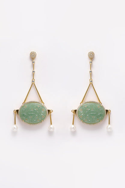 Gold Finish Green Onyx & Cubic Zirconia Dangler Earrings In Sterling Silver