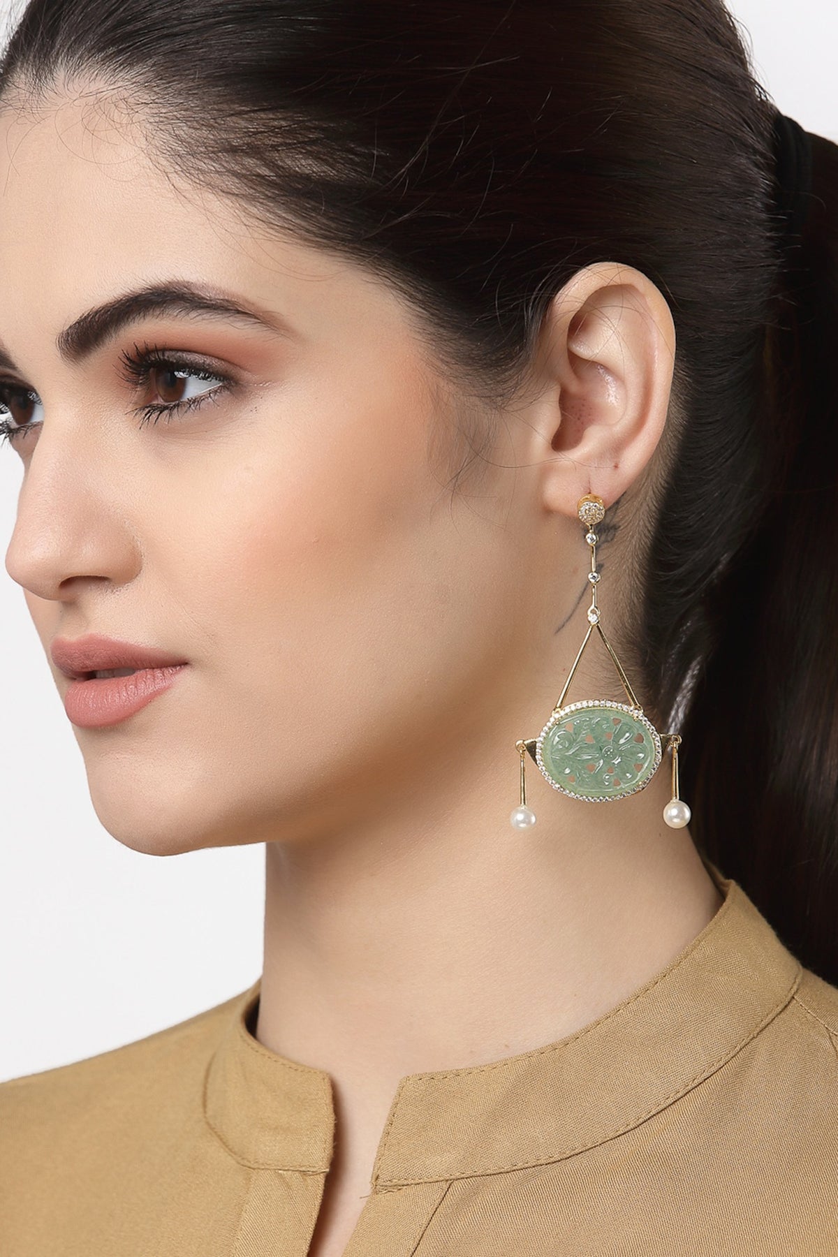 Gold Finish Green Onyx & Cubic Zirconia Dangler Earrings In Sterling Silver