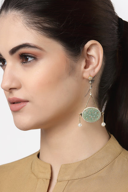 Gold Finish Green Onyx & Cubic Zirconia Dangler Earrings In Sterling Silver