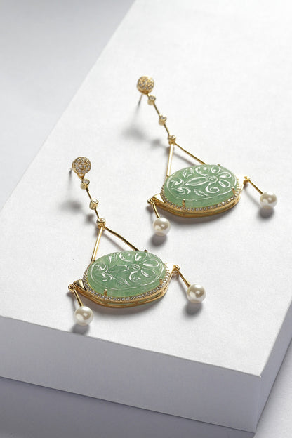 Gold Finish Green Onyx & Cubic Zirconia Dangler Earrings In Sterling Silver