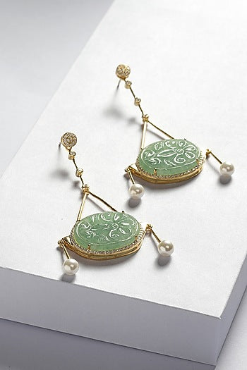 Gold Finish Green Onyx & Cubic Zirconia Dangler Earrings In Sterling Silver