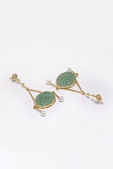 Gold Finish Green Onyx & Cubic Zirconia Dangler Earrings In Sterling Silver