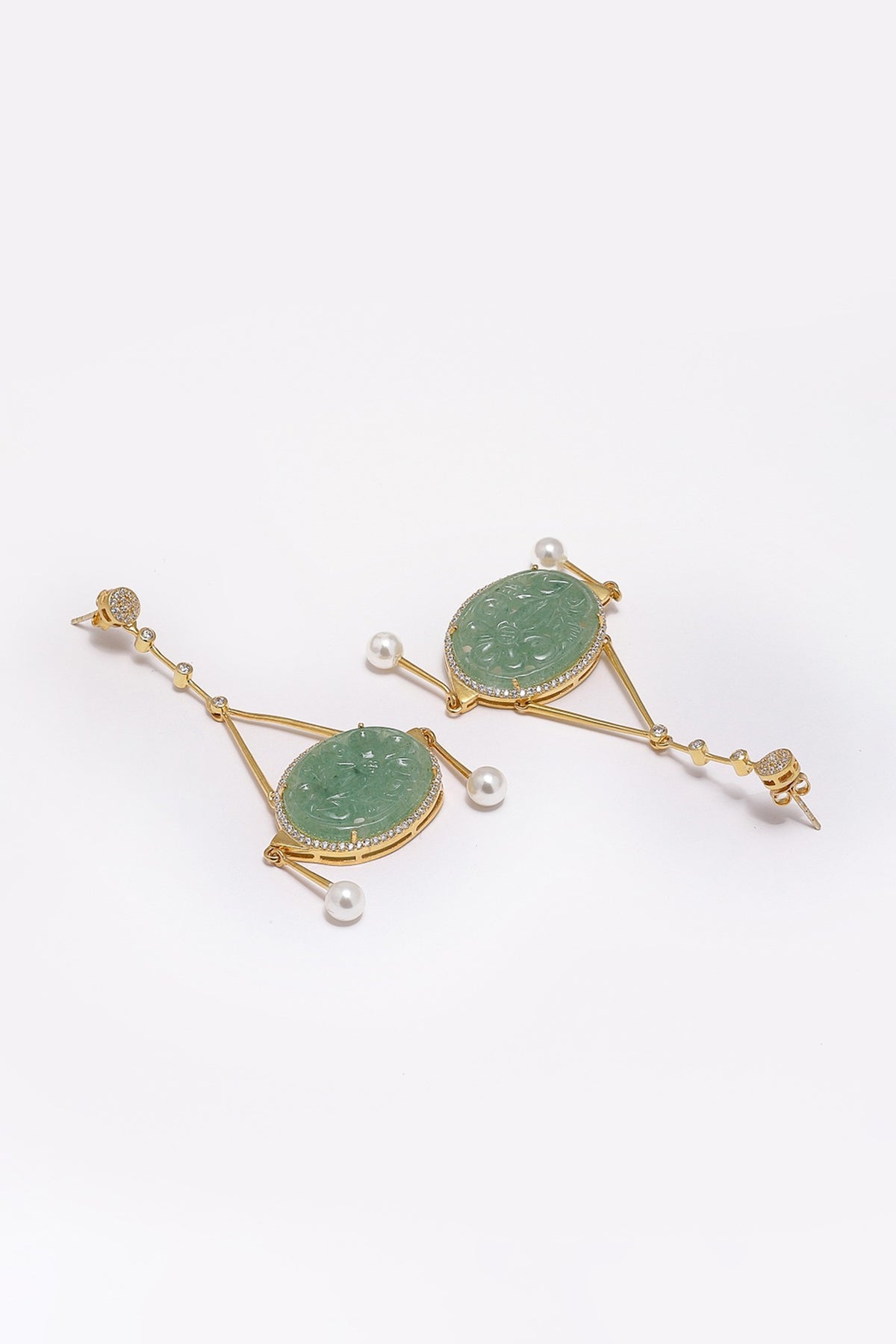 Gold Finish Green Onyx & Cubic Zirconia Dangler Earrings In Sterling Silver