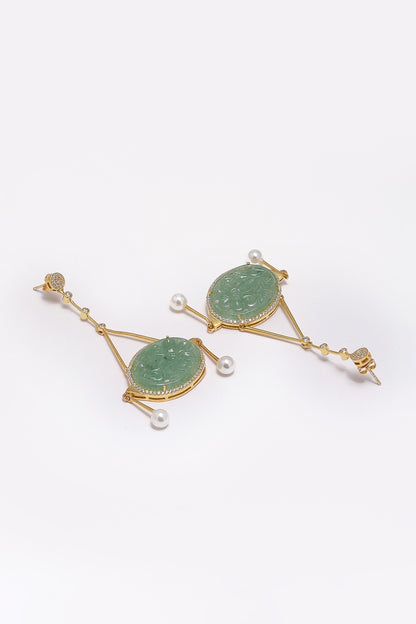 Gold Finish Green Onyx & Cubic Zirconia Dangler Earrings In Sterling Silver