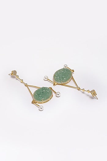 Gold Finish Green Onyx & Cubic Zirconia Dangler Earrings In Sterling Silver